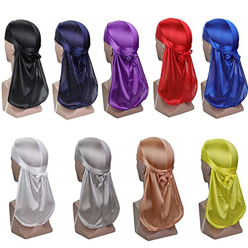 9 Packs Durag Silk Durag for Men and Women Silky Caps Soft Long Tail Head Wrap Scarf Breathable Turban Hat Doo Durag(Black Blue Purple Grey White Gold Yellow Navy Blue)