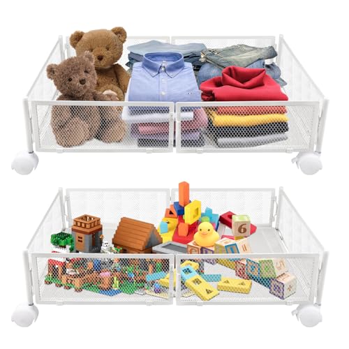 OHMG 2P Rangement sous Lit avec Roulette,Boîte de Rangement sous Lit,Tiroir Commode sous Lit Pliable en Métal,Boîtes de Rangement sous Lit pour sous Canapé, sous Table (60 * 40 * 17cm-Blanc-2P)