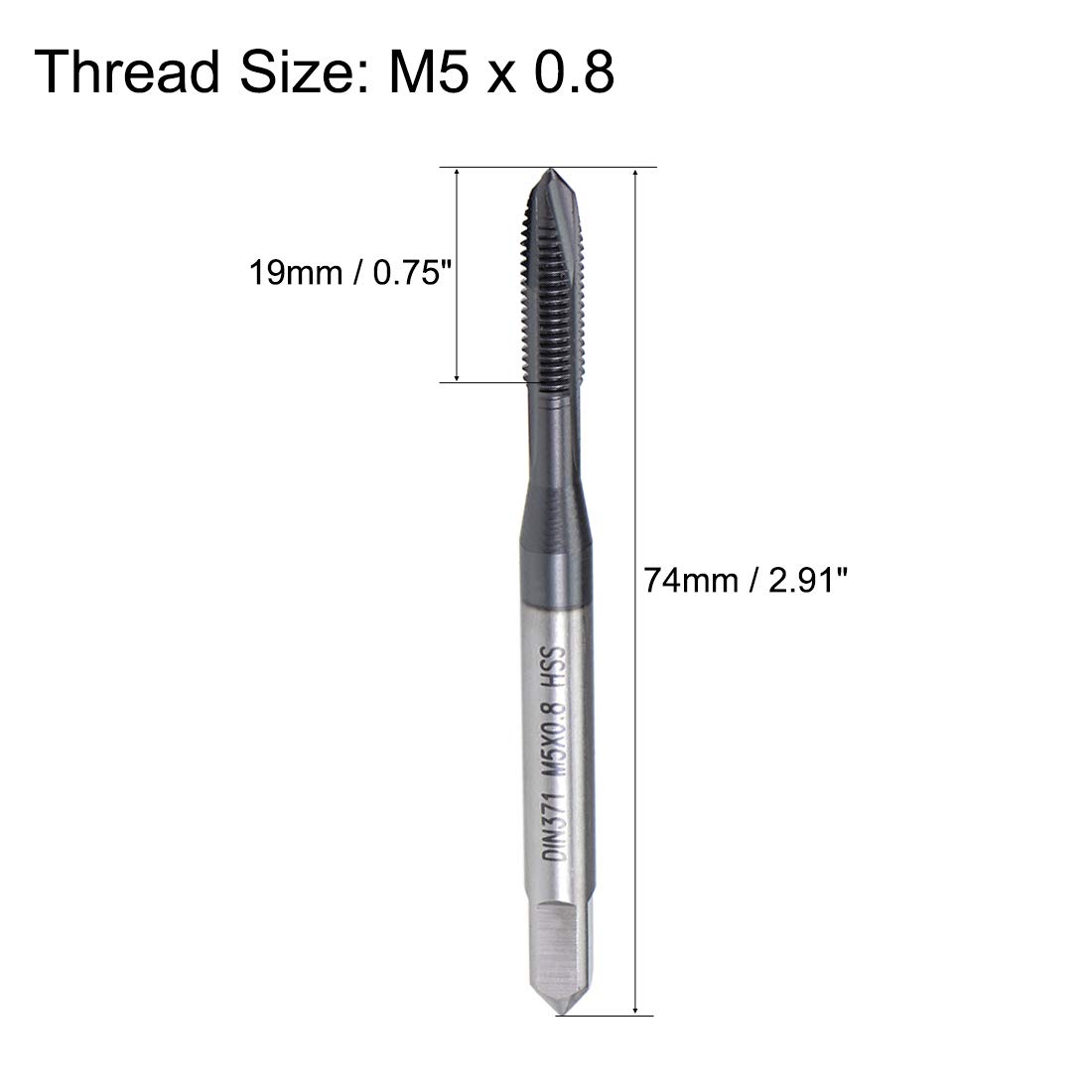 Sourcing map Lot de 2 tarauds à pointe spirale M5 x 0,8 mm H2, acier haute vitesse 6542, finition revêtue TICN, tige ronde avec extrémité carrée, DIN371/376, 2 pièces