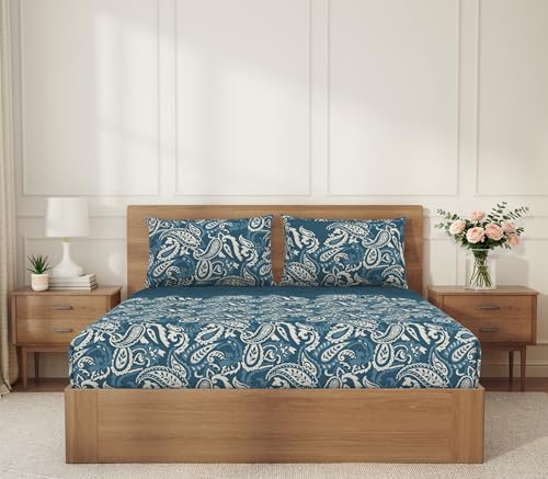 Image of Welspun ENZO Queen Size Fitted Bedsheet with 2 Pillow Covers | 360 Elastic | 100% Pure Cotton | 60 x 78 Inches | Soft, Breathable, Lightweight & Easy Care | Dark Blue