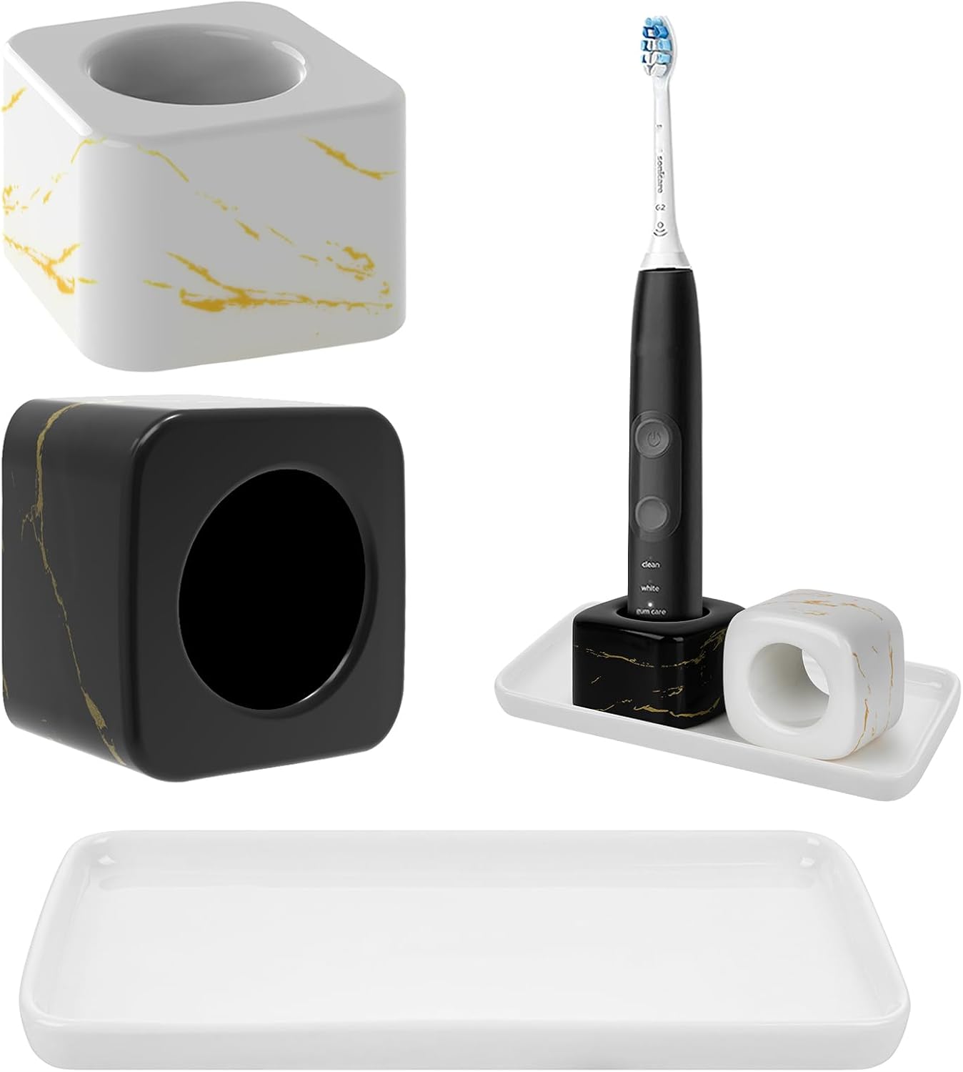 Linkidea Ceramic Electric Toothbrush Holder with Tray, Tooth Brush Stand for Standard Handle, Countertop Organizer Compatible with Philips Sonicare ProtectiveClean, Oral-B iO Series