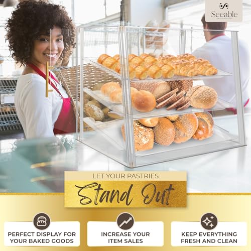 Seeable 198168154298 3 Tray Commercial Bakery Display Case Countertop With Rear Doors & Gold Accents, Acrylic Pastry Display Case Cabinet For Exquisite Dessert Display, Cookie Display & Food Display thumb #3