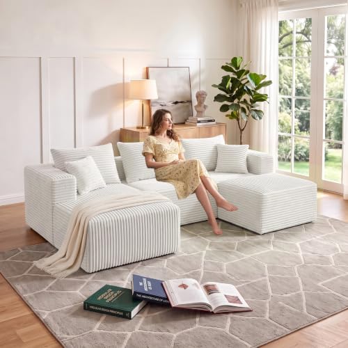 Image of 93 inch U-Shaped Boneless Couch, Corduroy Cloud Couch Sectional with Chaise and Ottoman, Deep Seat Modular Sectional Sofas for Living Room, No Assembly - Beige (Left Facing Chaise)
