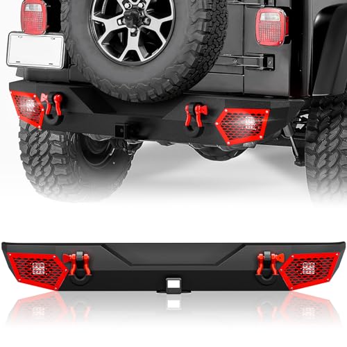 Image of Off-road Rear Bumper Compatible with 1987-2006 Jeep Wrangler TJ YJ LJ (2 /4 Doors) Rock Crawler Bumper Built-in Paintable Armor, 2 inch Hitch Receiver, 2 x 18W LED Lights & D-rings, Textured Black