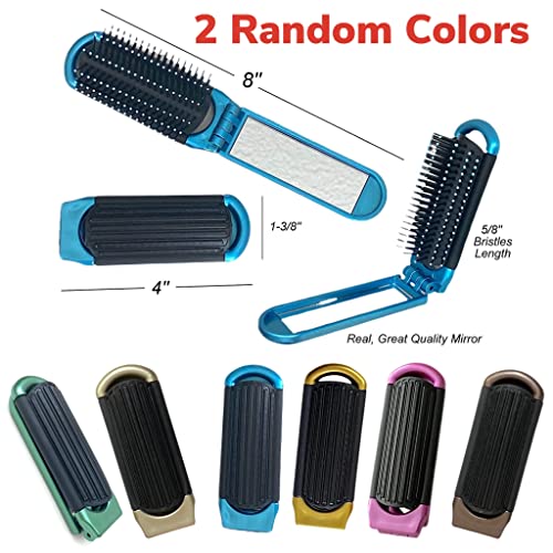 2 Alazco Folding Hair Brush With Mirror Compact Pocket Size Travel Car Gym Bag Purse Locker (2 Assorted Colors) #TOP2