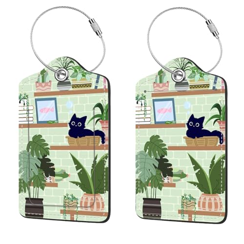 2 Pcs Luggage Tags for Suitcase, Cute Unique PU Leather Travel Bag Tag with Privacy Cover ID Label Address Card and Durable Metal Ring Suitable for Men Women Children Backpack,Cat On The Shelf
