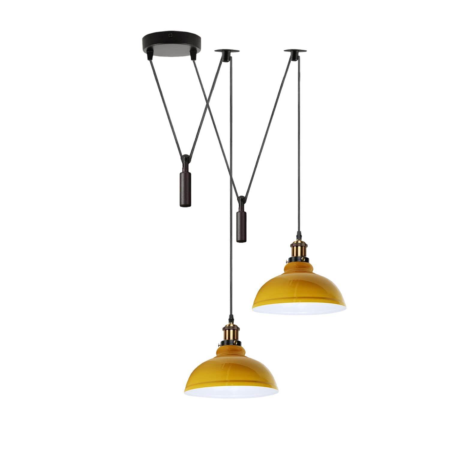 LEDSone Lámpara colgante de araña de 2 cabezas, pantalla metálica de 29 cm, cable ajustable de 195 cm, casquillo Edison vintage E27 de 60 W, iluminación industrial retro. (Amarillo)