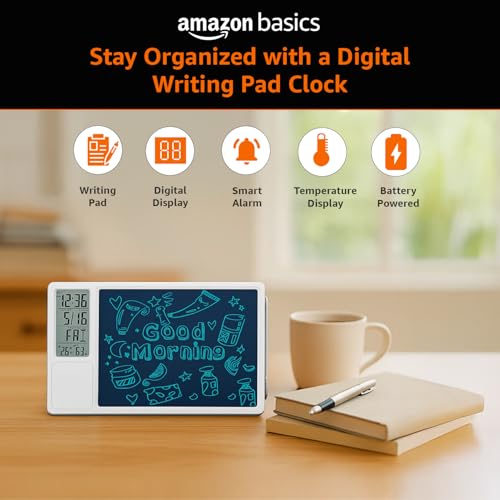 Image of Amazon Basics Digital Writing Pad Clock with Alarm, White color, ABS,Temperature Display, Calendar, 12 /24 Hr Format, Backlight-Free Design, Cell Battery Powered, Wall /Table Mount (Size: 263 x 10 x 165 mm)