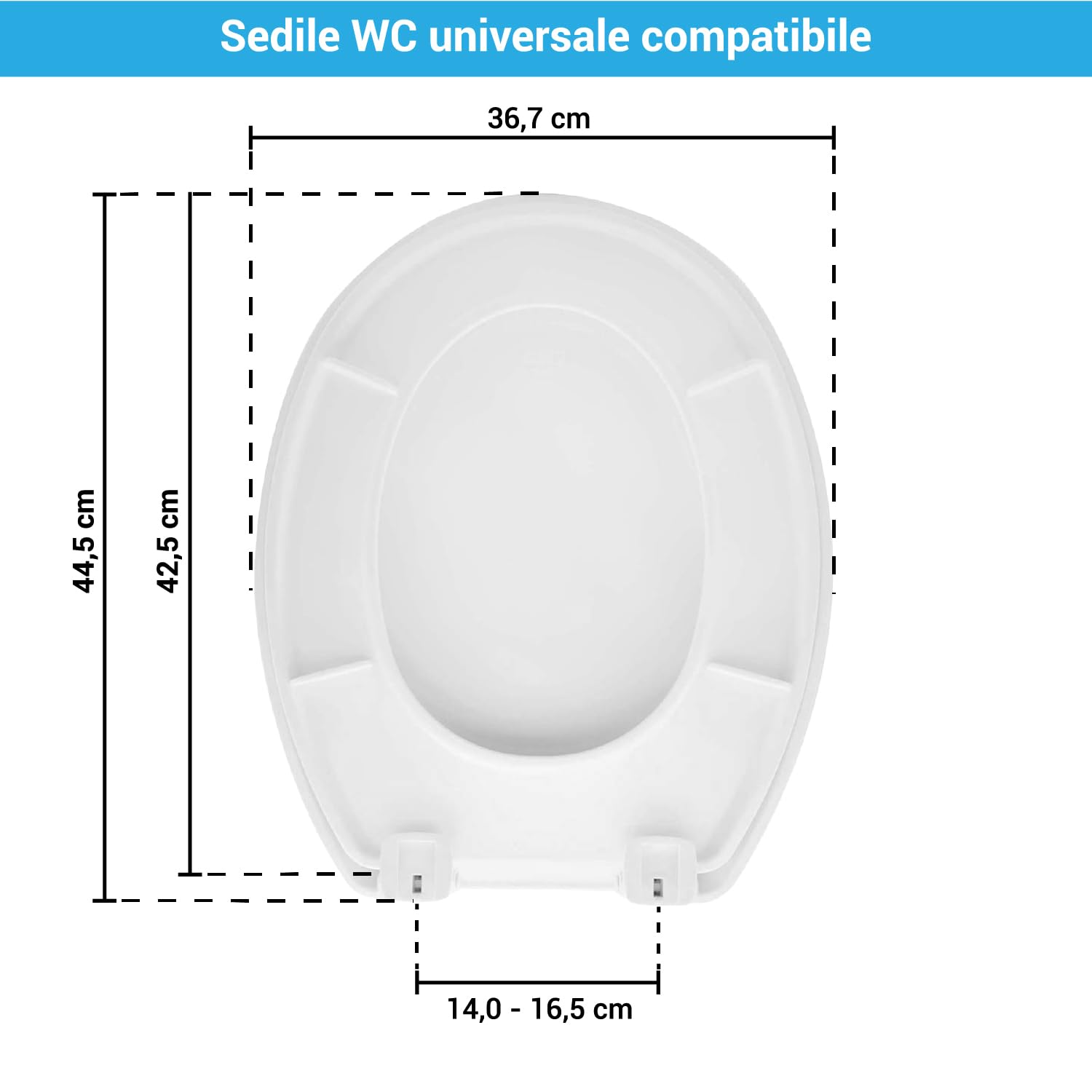 Crisalide® - Asiento de inodoro universal compatible blanco, tapa de inodoro con cobertura completa de MDF, cierre Soft Close, fijación ajustable de PVC, gomas antideslizantes, 36,7 x 44,5 cm