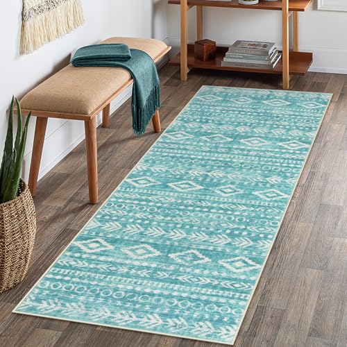 Lahome Moroccan Boho Bathroom Runner Rug,2x6 Teal Kitchen Runner Rug Non Skid Washable Hallway Runner 6ft,Low-Pile Soft Rug Geometric Indoor Carpet Runner for Entryway Laundry Room Bedroom T