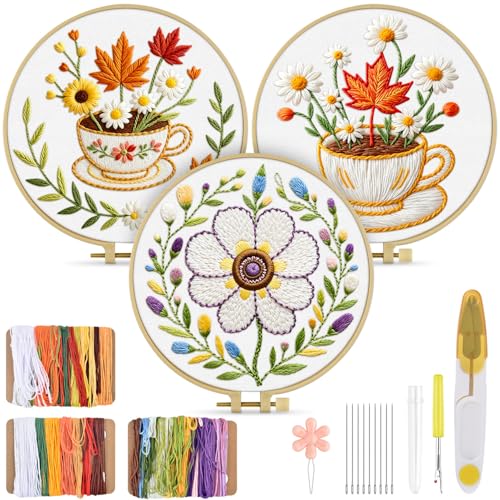 Image of TINDTOP Embroidery Kit for Adult, 3 Pack Embroidery DIY Starter Kit, with Stamped Patterns, Hoop, Tools, Colorful Threads with Needles, Instructions (Flower Cup) | with Stamped Patterns, Hoop, Tools, Colorful Threads with Needles, Instructions (Flower Cup)