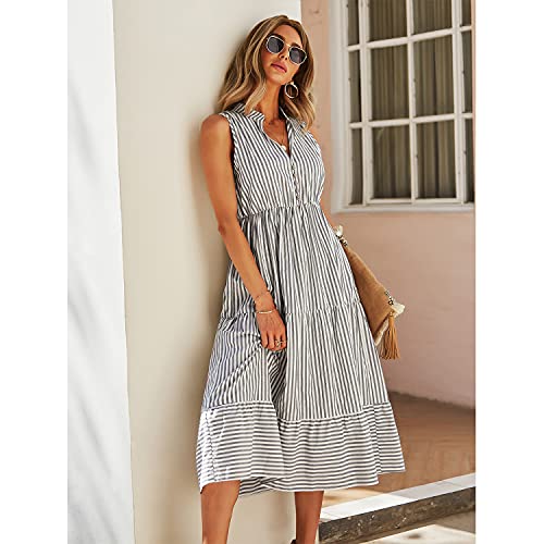 BROVAVE Womens 2025 Summer Sleeveless Shirt Dress Collar Striped V Neck Casual Midi Dresses2