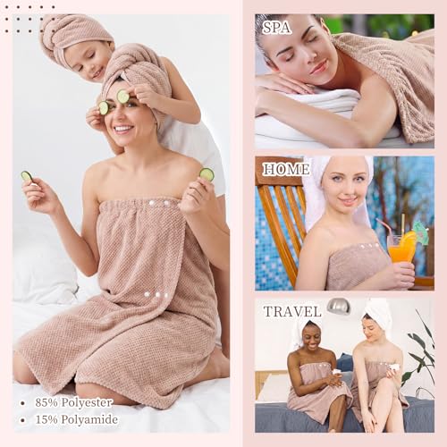 Image of Tigeen 4 Pcs Spa Wrap Towel Wrap for Women Spa Robe with Adjustable Closure Elastic Top Lightweight Wraps for Bath Shower (Taupe,M)