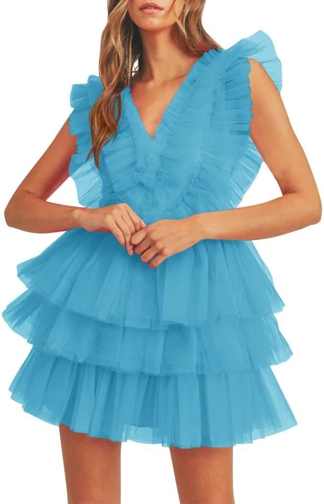 Tiered Tulle Homecoming Dresses for Teens Puffy Ruffles Short Prom Dresses A-Line Cocktail Party Club Growns