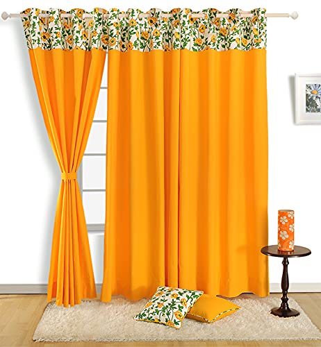 Image of Swayam Blackout Cotton Casement Long Door Curtain for Living Room & Bedroom | 9 Feet | Room Darkening Curtain with Eyelets | Pack of 2 | Solid Design - Yellow