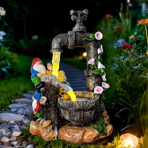 QCF Solar Garden Gnomes Statues Outdoor Yard Decorations 10 Resin Fountain Gnome Outside Christmas Art Decor for Lawn Patio Porch Backyard Unique Housewarming Gifts for Women Mom Grandma