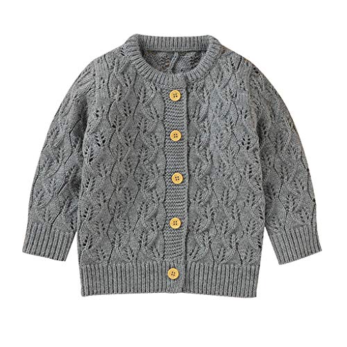 Baby Boys Girls Crew Neck Cardigan Sweater Toddler Cotton Button Sweater Cable Knit Jacket Autumn Winter Warm Outwear Coat Gray
