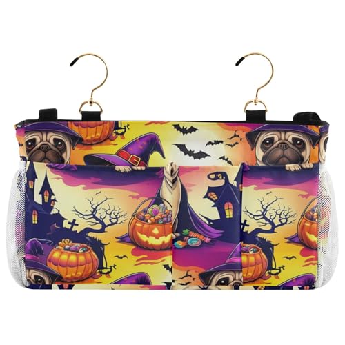 Burbuja Cute Dog in Witch Costume Bedside Caddy Hanging Storage Organizer with 2 Straps and Hooks for Home College Dorm Bunk Bed Hospital Bed Crib