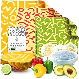WAFE Beeswax Food Wrap Set of 6 + 3 Reusable Stretchy Silicone Lids, Food Wax Wraps - Eco Friendly Gifts Sandwich Wrappers - Cling Film Alternative Plastic Free Bowl Covers with eBook