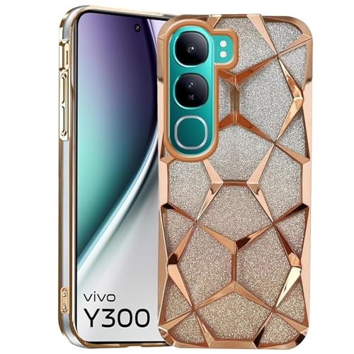 Dezet Glitter Geometric Case for Vivo Y300 5G Luxury Electroplated 3D Cube Diamond Bling Shiny Shockproof Stylish Design Slim Protective Back Cover for Girls & Women (Gold)