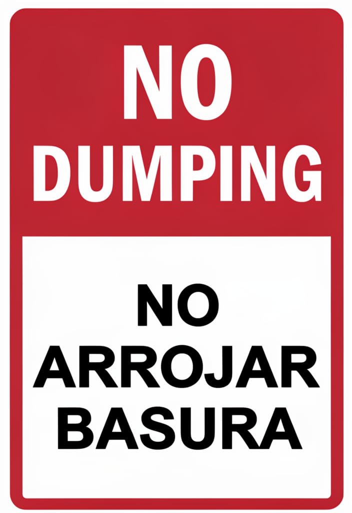 peiyeety NO DUMPING Bilingual Tin Sign 12x8 Inch (English/Spanish NO ARROJAR BASURA) Red & White Metal Wall Plaque for Yard, Fence, Garage, Business, Property Notice Decor Gift