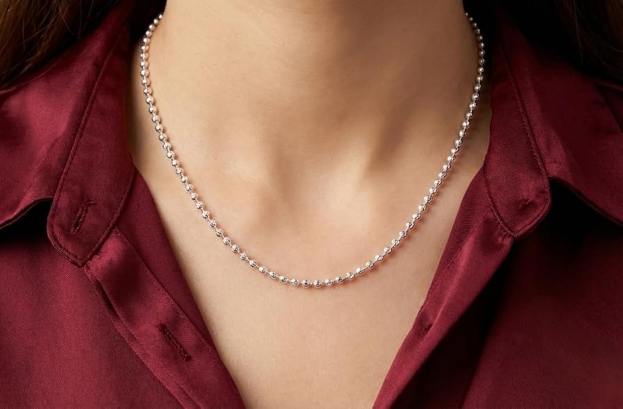 Women's Luminous Textured Bead 925 Silver Chain, Elegant Style