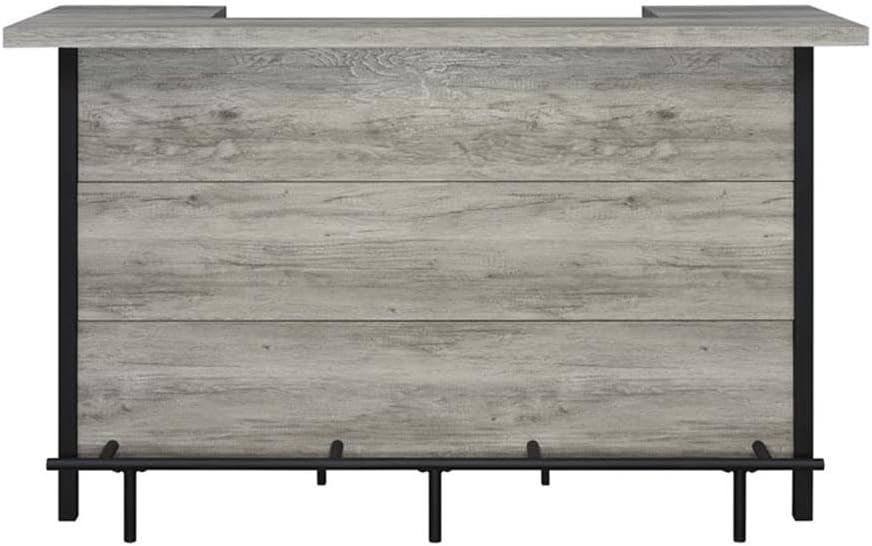 Pemberly Row 70.75" W Farmhouse Wood Bar Unit with Large 2-Tier Surface, Multiple Storage Shelves, Stemware Racks, Wine Rack, in Gray Driftwood & Black Finish