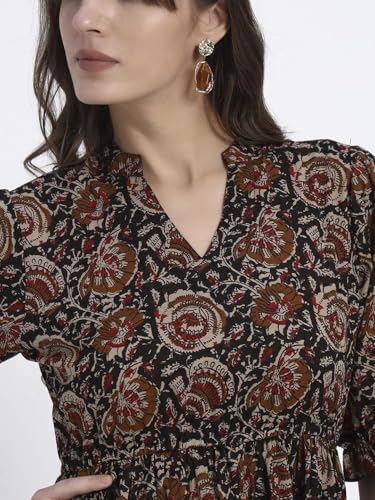 Image of Women's Fit and Flare Dress I Pure Cotton Long Summer Maxi Dress I V-Neck I Casual Wear I Printed Kalamkari Floral Middi