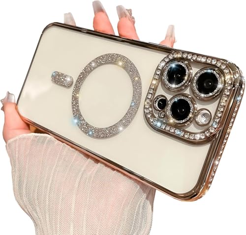 TWIKKA Case Compatible with iPhone 13 Pro, Cute Soft Clear Rhinestone Diamond Glitter Cover Women & Girls Compatible with MagSaf Camera Lens Protection Cases for iPhone 13 Pro (Gold)
