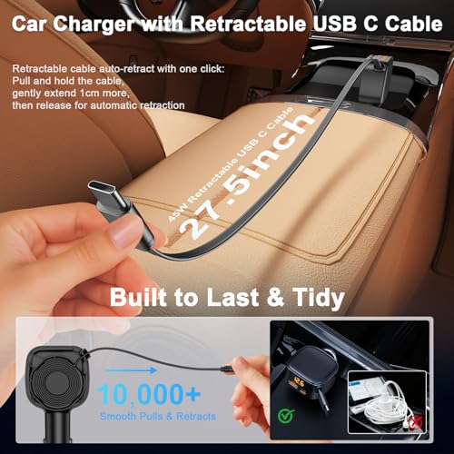 Image of 93W Retractable Car Charger, USB C Car Charger Fast Charging with PD PPS & QC 3.0, Multi Port Cigarette Lighter Adapter with Voltmeter for iPhone 17 16 15 Pro Max, Samsung S26 /S25 iPad Pixel