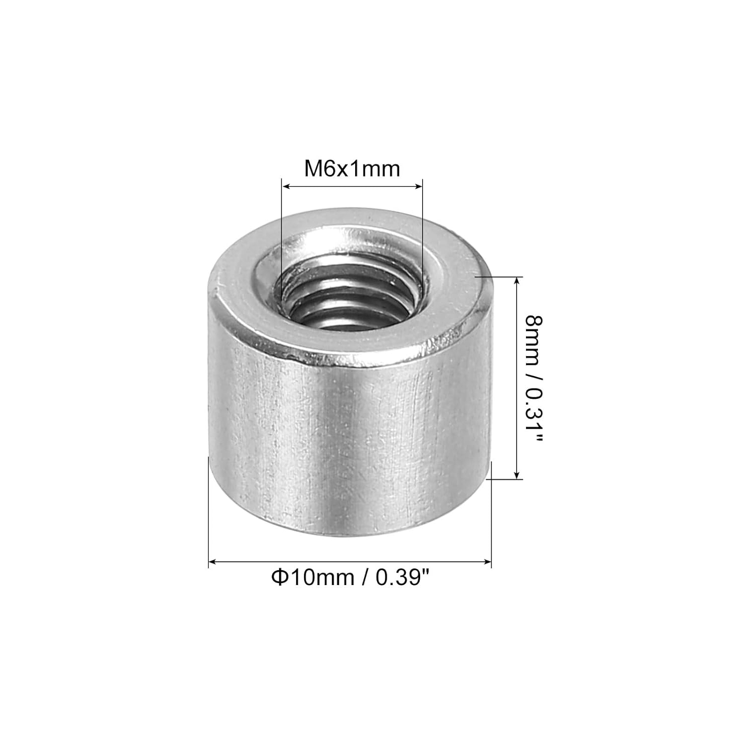 sourcing map 10Pcs M6 Round Connector Nuts, 304 Stainless Steel Coupling Nut 8mm/0.31" Length Sleeve Rod Bar Stud Nut for Bracket, M6x8x10mm