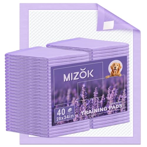 MIZOK Puppy Pads 28x34in Lavender Scented, Dog Pee Pads Extra Large Odor Eliminating Ultra Absorbent Up to 8 Cups, 6 Layers Leak-Proof & Quick-Dry Purple (40 Counts)