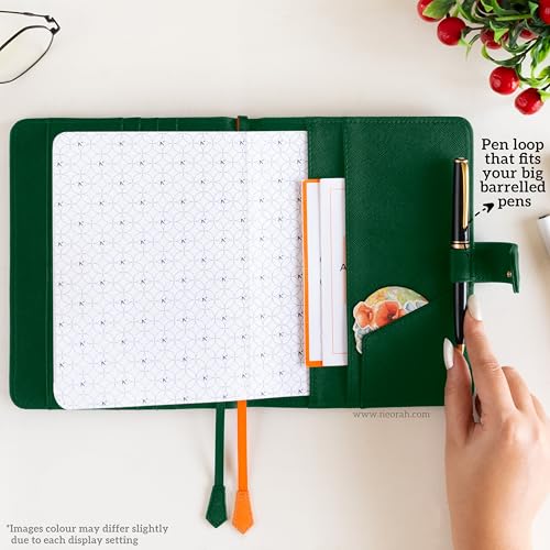 Image of NEORAH - B6 Notebook SLEEVE with SNAP Button + Dotgrid JOURNAL | Faux Leather Sleeve + Penloop | 2 Front 1 Back compartment | 6 Card Slots -DARK GREEN