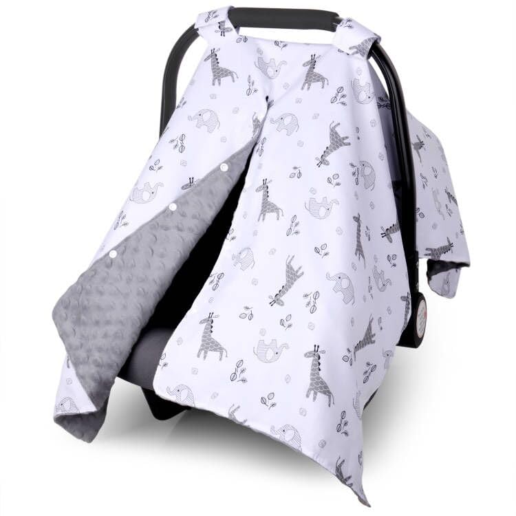 Image of Metplus 2 in 1 Baby Car Seat Cover, Car Seat Canopy for Babies, Mom Nursing Cover, Minky Baby Carrier Covers, Newborn Boy Girl Shower Gift, Elephant Giraffe