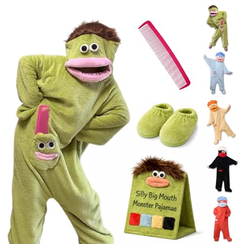 BIQIO Goofy Fleece Onesies Adults Silly Big Mouth Monster Pajamas Funny Plush Hooded Loungewear Jumpsuit with Hair and Comb Green