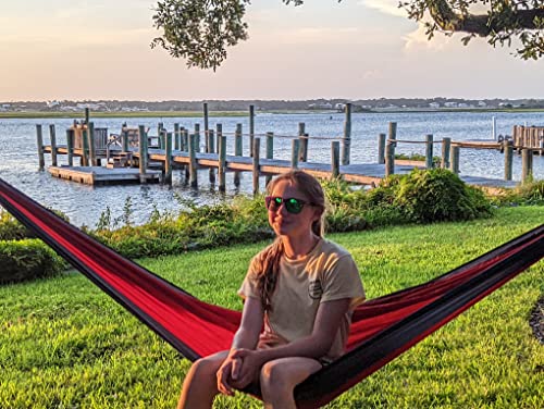 Long Day Camping Hammock With Camping Pillow Included- Portable Hammock - Single Or Double Hammock Camping With Tree Straps And Hammock Pillow Included (Black/Red) (Black/Red) #TOP6