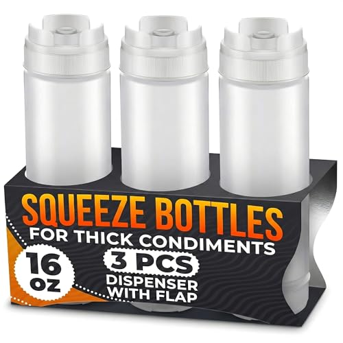 Set of 3 Inverted Condiment Squeeze Bottles 16 oz Upgraded Design with Added Sealing Gaskets Self-Closing Valve Easy-to-Fill Clear Bottles for Sauces Dressings Ketchup Mustard for Everyday Use