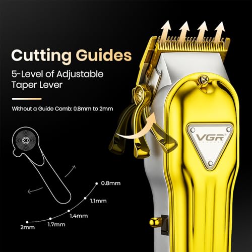 Image of VGR V-140 Professional Salon Series Hair Clipper for Salon & Men's | 300 Min Runtime, 2500mAh Lithium Battery, Taper Lever, LED Display, Metallic Body, 4 Cutting Guide Combs (Gold)