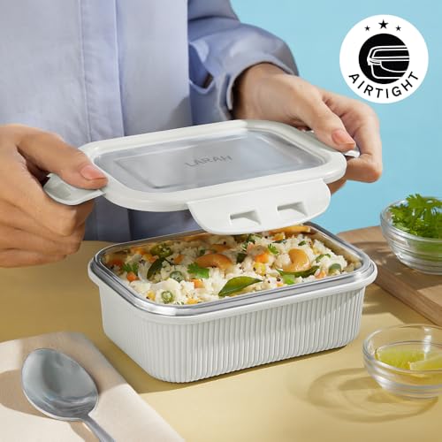Image of Larah by BOROSIL Freshbyte Food Storage Container with Airtight Stainless Steel Lid | Fridge Container for Lunchbox | Food Grade | Microwave Safe (Grey, 400 ml, Rectangular)