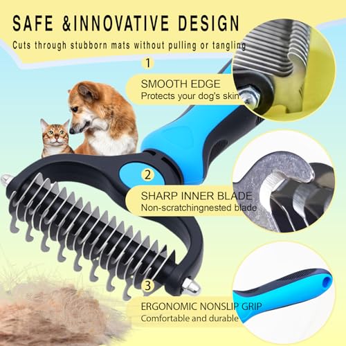 Pet Grooming Rake for Dogs & Cats - Double-Sided Deshedding and Dematting Tool, Gently Remove 95% of Loose Undercoat & Mats for Long-Haired Pets, Painless Fur Brush for Shedding Control (Blue) - Image 5