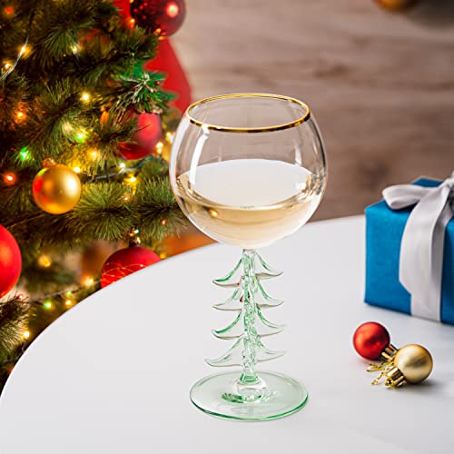 Crystal Christmas Holiday Tree Stemmed Wine Glass - Green - 12Oz Goblet Bordeaux Gold Rim Colored Glassware, Cheerful Party Festive New Years Cheer For Holiday Gift Xmas & Winter Season #TOP2