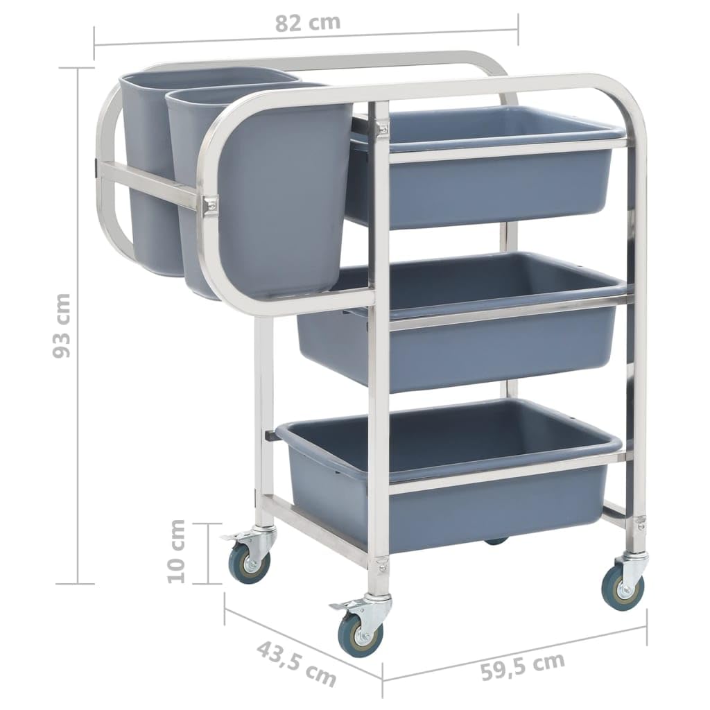 Carro de cocina con ruedas de acero inoxidable con recipientes de plástico, 82 x 43,5 x 93 cm, capacidad de carga de 50 kg, 5 contenedores, 4 ruedas con frenos, espacio de almacenamiento para