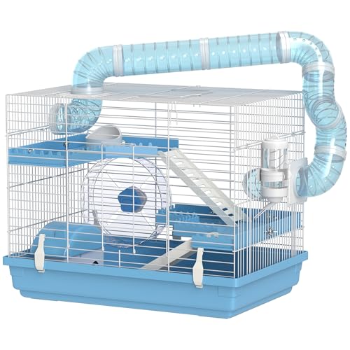 PawHut Cage pour Hamster Portable, Cage Hamster avec cabane, gamelle, Roue de Course, Bouteille d'eau, perchoirs, échelles, système de tuyaux, 47,5 x 31,5 x 29,5 cm, Bleu Clair