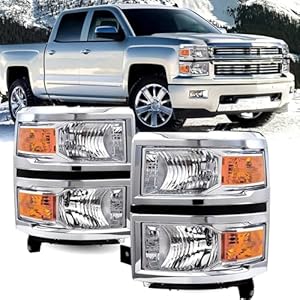 Headlights Assembly for 2014-2015 Chevy Silverado 1500 Halogen Factory OE Style Headlamp Driver & Passenger Side, Chrome Housing Amber Corner
