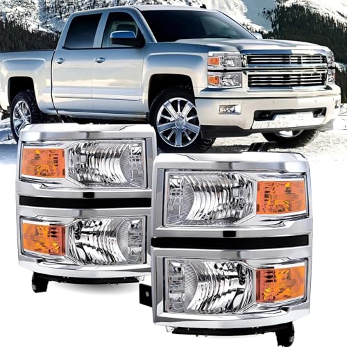 Headlights Assembly for 2014-2015 Chevy Silverado 1500 Halogen Factory OE Style Headlamp Driver & Passenger Side, Chrome Housing Amber Corner