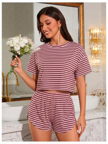 Image of OYOANGLE Womens Pajama Sets 2 Piece Sexy Lounge Sets Summer Cute Pjs Striped Print Tee and Side Split Shorts Set
