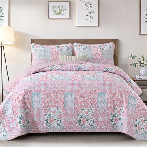 Listado de Tiendas de blancos - los más vendidos. 46 Dinjoy - Juego de edredón de retazos rosados, tamaño queen, reversible a cuadros, juego de colcha de verano, 3 piezas, microfibra suave, reversible, ligera, para todas las...