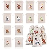 12 pièces Sacs de Noël en Lin, Sacs à Bonbons en Toile de Jute avec Double Cordon de Se...