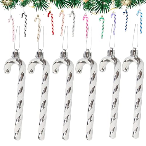 6Pcs Sliver and White Plastic Candy Cane Christmas Tree Decorations 13cm,Christmas Glitter Candy Cane,Christmas Tree Hanging Decorations for Xmas,New Year,Festive Candy Cane Party Decor Supplies