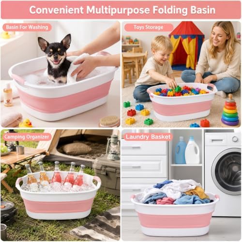 Coloch Collapsible Pet Bath Tub, Dog Bathtub with Drain Plug&Handle, Pink — view 4